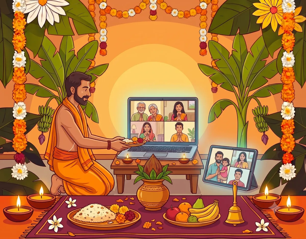 A pandit performing puja while family members join live from their homes